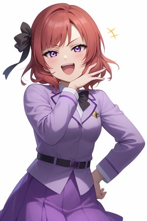 score_9,score_8_up,score_7_up,,1girl, solo, lovelive_maki, nishikino maki, red hair, short hair,, long hair, jacket, smile, white background, ojou-sama pose, open mouth, looking at viewer, belt, blush, long sleeves, simple background, skirt, ribbon, bow, hair ribbon, hand on own hip, school uniform, smug, blunt bangs, black belt, black bow, bowtie, hand up, sblack ribbon, :d, purple jacket, shirt, purple skirt,  open jacket, black bowtie, dress, purple dress, pleated skirt