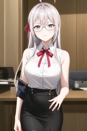 A close-up shot of alya, long hair, grey hair, blue eyes, hair between eyes, hair ribbon, red ribbon, ahoge, tShe looks elegant and professional. She is wearing a sleeveless, high-necked blouse, all black, which fits her figure in a stylish way. She pairs it with a high-waisted pencil skirt with a black and white geometric pattern, which gives her a modern and sophisticated touch. In addition, she wears dark-framed glasses that complement her office look. Her hair is tied up in a high bun, which adds an air of formality and professionalism to the outfit.