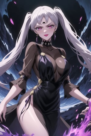 evil smile, red eyes, jewelry,  earrings, makeup, facial mark, lipstick,  forehead mark, crescent facial mark, black crystal earrings,crescent, , dress,black dress, see-through,,side slit, noelle_silva,silver hair,twintails,bangs,purple eyes
(best quality), (highly detailed), masterpiece, (official art), A dark and mysterious female character inspired by classic anime style,  She has a cold, expressionless face with pale skin and dark, bold lips, giving her a commanding and intimidating presence.  The overall atmosphere is dark and mysterious, with a sense of power and control emanating from her poised stance.,