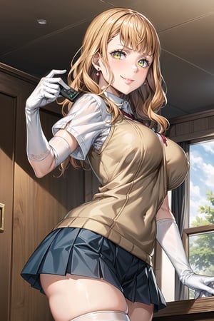 ((best quality)),  ((highly detailed)),  masterpiece,1girl, mimosa vermillion, orange hair, green eyes, red earrings, ((remote_control, closed_mouth, sparkling_eyes, smug, shaded_face,evil smile)),(large breasts), tokiwadai school uniform, sweater vest, short sleeves, ((white gloves, elbow gloves)), pleated skirt, white thighhighs ,1girl, lips:1.2, makeup:1.2, ((gyaru)) , looking at viewer, standing, cowboy shot, school,