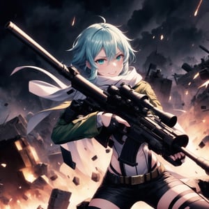 Highly detailed anime illustration of Sinon in the midst of a desolate battlefield, her blue hair whipping in the wind as she fires her sniper rifle with deadly precision. Her sharp aqua eyes, partially obscured by strands of hair, gleam with a twisted joy, and a sadistic smile spreads across her face, reflecting her dark pleasure in the chaos of combat.

sinon1 is dressed in her signature combat outfit: a green cropped jacket open at the front, revealing a white scarf that flutters as she moves. Her black shorts and fingerless gloves are practical for the fight, while her sniper rifle is held firmly, aimed with unwavering focus. The rifle's muzzle flashes brightly, illuminating the battlefield in sharp, cold light.

The surrounding environment is bleak and war-torn, with crumbling structures and a cloudy, dark sky overhead, adding to the tension and intensity of the scene. The ground is littered with debris, evidence of the ongoing conflict. Shadows and light play across her form, emphasizing her role as a hunter in this grim setting.

Despite the devastation around her, Sinon’s sadistic smile and the gleam in her eyes make it clear she relishes the battle, her laughter echoing amidst the destruction. Every shot she takes is precise, her enjoyment of the fight apparent in every detail of her expression and posture.

Key Details:

The sniper rifle is depicted in high detail, with visible muzzle flash and recoil captured mid-shot.
Sinon's expression is the focal point, her sadistic smile and bright, crazed eyes adding a layer of psychological depth.
The battlefield is grim, with dark, moody lighting that contrasts with the bright flashes of gunfire.
Her pose is dynamic, with the rifle held steady as she fires, her body language exuding confidence and delight in the violence.
The overall atmosphere is dark and intense, highlighting Sinon's enjoyment of the chaos and her role as a formidable sniper in the heat of battle.