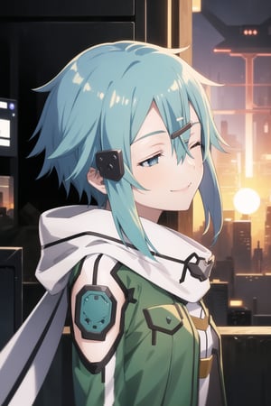 (best quality), (highly detailed), masterpiece, (official art), ((sinon1, cyberpunk, hair ornament, hairclip)), 1girl, upper body, bangs, blue eyes, blue hair, blurry, blurry background, fingerless gloves, green jacket, hair between eyes, hair ornament, hairclip, highres, jacket, long sleeves, outdoors, scarf, short hair, short hair with long locks, sidelocks, sinon, solo, sunset, sword art online, turning head:1.2,(( looking sides, closed partially eyes)), blue eyes, smiling, 