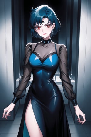 evil smile, red eyes, jewelry,  earrings, makeup, facial mark, lipstick,  forehead mark, crescent facial mark, crystal earrings,crescent, mer1, short hair, blue hair, dress,black dress, see-through,,side slit
(best quality), (highly detailed), masterpiece, (official art), A dark and mysterious female character inspired by classic anime style,  She has a cold, expressionless face with pale skin and dark, bold lips, giving her a commanding and intimidating presence.  The overall atmosphere is dark and mysterious, with a sense of power and control emanating from her poised stance.