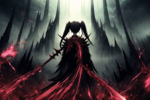 Diane, ruler of hell, stands tall in front of a hellish backdrop. Her twintails black hair flows down her back, tied with hair scrunchies, as she dons an elaborate gown adorned with sinister symbols and glowing red accents. Her cold gaze is framed by a crescent face mark and crystal black earrings. A massive spiked mace rests in one hand, reinforcing her dominance over the kingdom. Black demonic armor covers her body, reflecting the ominous red light of her infernal realm. Her large black wings spread wide, casting long shadows over the oppressive scene. In front of her, rivers of lava flow through jagged rocks, tormented souls writhing along cliffs, and dark clouds pierced by bolts of demonic lightning. The atmosphere is surreal and chaotic, with red and black glowing effects, eerie light rays, and sparks of energy creating a sense of intensity. Digital distortion effects, glitchy bursts of light, and electrical discharges add to the modern intensity of this dark landscape.