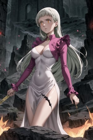 Elizabeth, black hair, lips, ruler of hell, stands as a malevolent dictator, her long hair flowing like darkness itself, gradient from white to dark, framing her cold gaze. Her elaborate gown, adorned with sinister symbols and glowing red accents, reflects her dominance and cruelty. The background features a hellish landscape: rivers of lava, jagged rocks, tormented souls, and dark clouds with lightning. Eerie, red and black glows illuminate the scene, capturing the dark and oppressive atmosphere of her dominion.