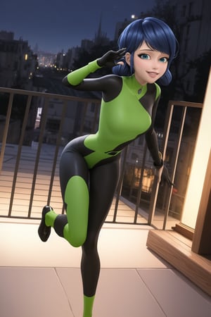 ((best quality)),  masterpiece, dynamic angle, marinette:1.2,blue hair, cyberpunk, paris, ruin,night ,(shegosuit) , smile, lips, scenery,  blurry background, 1 girl,  high res,  official art,empty eyes,b1mb0,