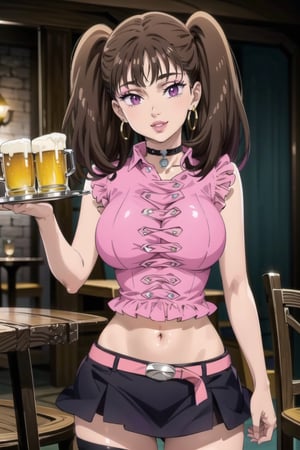 ((best quality)), ((highly detailed)), masterpiece, ((official art)),( diane, twintails), (multicolored hair:1.4), (gradient hair:1.3)  (seductive smile), (makeup:1.2), (choker:1.2), (hoop earrings),  (lips:1.3),  (seductive pose:1.2), bar, indoors holding tray, beer, beer mug, table, chair, large breasts, ((pink shirt:1.2)), navel, belt, (black skirt), miniskirt, (single thighhigh), intricately detailed, hyperdetailed, blurry background, depth of field, best quality, masterpiece, intricate details, tonemapping, sharp focus, hyper detailed, trending on Artstation, 1 girl, high res, official art ,b1mb0