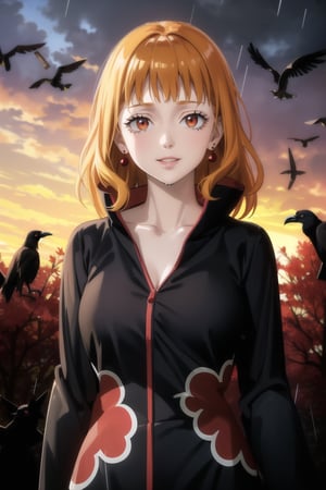 anime, hdr, soft light, ((best quality)), ((masterpiece)), (detailed), mimosa vermillion, wavy hair:1.2, red eyes, red earrings, red hair, orange hair, lips, makeup, head tilt, evil smile:1.2, (lips), (akatsuki outfit:1.2),high neck, high_collar, ((black dress)), collarbone, long sleeves, looking at viewer, upper body, dutch angle, village, (((crows))),sunset, rain, water drop, nature, ,akatsuki outfit, bird, crow, eagle, black feathers, bird on shoulder, sunset, orange sky, outdoors, upper body,fantasy00d,