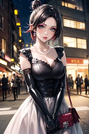 (best quality), (highly detailed), masterpiece, (official art), ,(ruby rose:1.2, hair bun:1.3), (makeup:1.5), (lips:1.3), parted_lips, blue earrings:1.3,jewelery:1.3,((long sleeves,  elbow gloves:1.2,dress, ribbon, ccollarbone, white dress:1.3,  pearl necklace:1.3, holding, holding bag, v arms:1.3, latex)), looking at viewer, china, asiática, city, night, sky,  (intricately detailed, hyperdetailed), blurry background,depth of field, best quality, masterpiece, intricate details, tonemapping, sharp focus, hyper detailed, trending on Artstation,1 girl, high res, official art,StandingAtAttention,bestiality