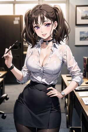 ((best quality)), ((highly detailed)), masterpiece, ((official art)), ( diane, twintails), (blonde hair:1.2), (office:1.3), (window, indoors, plant), (seductive smile), (makeup:1.2),(choker:1.2),(hoop earrings), (high-waist skirt:1.2), (black skirt), (collarbone, cleavage) , (lips:1.2), (narrow_waist:1.2) , wristwatch, skirt, solo, (cowboy shot:1.2), standing, pencil skirt,(seductive pose:1.2) collared shirt, (office lady), (white shirt:1.2), (formal:1.1), shirt tucked in, (skirt suit), black pantyhose, dress shirt, intricately detailed, hyperdetailed, blurry background, depth of field, best quality, masterpiece, intricate details, tonemapping, sharp focus, hyper detailed, trending on Artstation, 1 girl, high res, official art