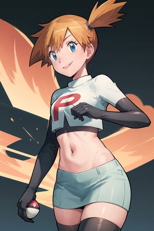 (best quality), (highly detailed), masterpiece, (official art), misty (pokemon), orange hair, side ponytail, orange hair, short hair, poke ball, poke ball (basic), holding poke ball, posing, lips,( evil smile), Team Rocket, cropped jacket, white jacket, crop top, jacket, gloves, black gloves, elbow gloves, navel, midriff, white skirt, miniskirt, skirt, thighhighs,, looking at viewer, china, asiática, city, night, sky, (intricately detailed, hyperdetailed), blurry background,depth of field, best quality, masterpiece, intricate details, tonemapping, sharp focus, hyper detailed, trending on Artstation,1 girl, high res, official art,1girl