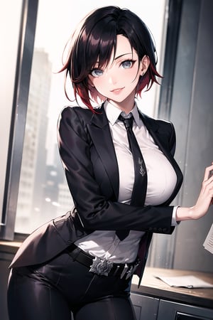 (best quality), (highly detailed), masterpiece, (official art), ruby rose:1.2, lips, smile, top jacket:1.3,black pants, belt,,necktie,  black jacket,(black suit), long sleeves, shirt tucked in,looking at viewer, shirt, black necktie, white shirt, medium breasts,window, formal, office lady,pants, business suit, suit,  (intricately detailed, hyperdetailed), blurry background,depth of field, best quality, masterpiece, intricate details, tonemapping, sharp focus, hyper detailed, trending on Artstation,1 girl, solo,high res,official art,ruby rose