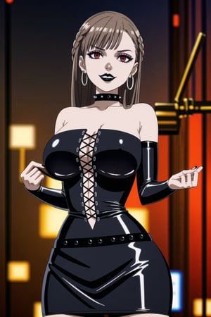 ((best quality)),  ((highly detailed)),  masterpiece,(Black lips:1.4), (white skin:1.4), ((official art)),  detailed face,  beautiful face, (cross-laced clothes:1.3), narrow_waist:1.3, dominatrix:1.4 , (intricate Black dress:1.4), (detailed eyes,  deep eyes),(science fiction, cyberpunk:1.3, street, shopping, dark background),((smirk, grin, naughty face, seductive smile, smug)) ,cowboy shot,(lips), (lawine, long hair, bangs,  brown hair, braid, low-tied long hair), (red eyes:1.3),   (spiked bracelet), corset:1.4,chinese dress:1.2, (intricate black earring:1.3), curvaceous, voluptuous body, (makeup:1.5) (lips:1.3), (latex),  (black tube top:1.2), gloves, fingerless gloves, skirt, black choker, belt, pencil skirt, pantyhose, miniskirt, (black skirt), black gloves, black legwear, black choker, Black nails,large breasts:1.2, conspicuous elegance, snobby, upper class elitist, possesses an arroaant charm. her Dresence commands attention and enw, (intricately detailed, hyperdetailed), blurry background, depth of field, best quality, masterpiece, intricate details, tonemapping, sharp focus, hyper detailed, trending on Artstation, 1 girl, solo, high res, official art,RockOfSuccubus,<lora:659111690174031528:1.0>