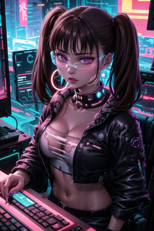 masterpiece,best quality,highres,ultra-detailed,diane, ((twintails)), purple eyes, brown hair, bangs,  ((hacker)), ,fishnets ,computer, monitor, wive, cable,(( cyberpunk)), indoors, neon nigth, jacket, ((hoop earrings, Cyborg)), ((star wars)), chip, cyberpunk, collar, confident and curious gaze, futuristic cyberpunk hacker attire, high-tech bodysuit with glowing circuitry patterns, standing,fingerless gloves and augmented reality glasses, underground hacker den, surrounded by screens displaying code and data, typing rapidly on a holographic keyboard, exuding intelligence and tech-savviness, cyberpunk and gritty atmosphere, dark color palette with neon highlights,((cyberpunk glasses)), 