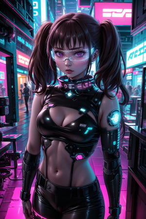 masterpiece,best quality,highres,ultra-detailed,diane, ((twintails)), purple eyes, brown hair, bangs,  ((hacker)), ,fishnets ,computer, monitor, wive, cable,(( cyberpunk)), indoors, neon nigth, ((Cyborg)), ((star wars)), chip, cyberpunk, collar, confident and curious gaze, futuristic cyberpunk hacker attire, high-tech bodysuit with glowing circuitry patterns, standing,fingerless gloves and augmented reality glasses, underground hacker den, surrounded by screens displaying code and data, typing rapidly on a holographic keyboard, exuding intelligence and tech-savviness, cyberpunk and gritty atmosphere, dark color palette with neon highlights,((cyberpunk glasses)), 