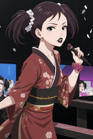 (best quality), (highly detailed), masterpiece, (official art),  becky_blackbell_spyxfamily, hair_ornament,  twintails, scrunchie, black_hair,  short_twintails, hair_scrunchie, brown_hair, hairclip, lips:1.2, black lips:1.4, makeup:1.2, lipstick:1.2,  makeup, black eyes:1.2,black kimono,obi, dance,hand fan,white confetti,, looking at viewer, (/nightclub scene, neon lights)), , club, (nigth club), ,hd quality, perfect face ,realistic, realistic body , perfect face sync,night club,StandingAtAttention,night club,b1mb0, dancing:1.2,