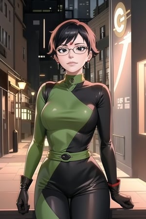 ((best quality)),  masterpiece,    sarada, black eyes, glasses, collar, earrings, jewelery, (microchip), cyberpunk, paris, ruin,night ,(shegosuit) , (expressionless:1.2), smile, lips, scenery,  blurry background, 1 girl,  high res,  official art,empty eyes