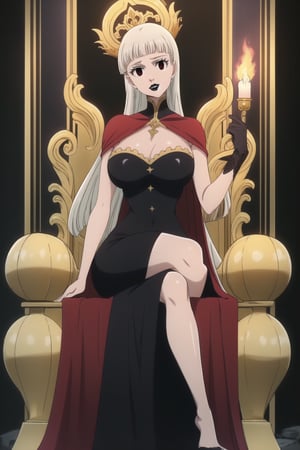 (best quality), (highly detailed), masterpiece, (official art), (Elizabeth, black hair, blunt bangs, long hair):1.2, facial mark, black lips:1.4, makeup:1.2, black eyes:1.2, black latex royal gown with intricate designs, high collar, flowing latex cape, black latex gloves, crystal tiara, sitting on a dark, gothic throne in a demon kingdom’s castle, surrounded by torches and ancient stone walls, her gaze cold and commanding, solo female, large breasts, full-body shot, looking at viewer, perfect face, realistic body, high-definition quality, regal and menacing, demon princess, b1mb0,