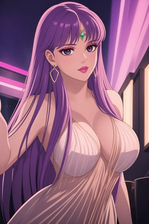 (best quality), (highly detailed), masterpiece, (official art),  ,(Saori,purple hair,long hair):1.2, lips:1.2, makeup:1.2, lipstick:1.2,  makeup, pink eyes, dancing:1.4, dance:1.2, dancer:1.3, posing, Earrings, gem earring:1.2,black_earrings, lips:1.2, black eyes:1.2, ,lips, cowboy shot, large breast, (/nightclub scene, neon lights)), , club, (nigth club), ,hd quality, perfect face ,realistic, realistic body , perfect face sync,night club,,marinette,night club,b1mb0,v3il:1.3, (forehead jewel gem):1.3