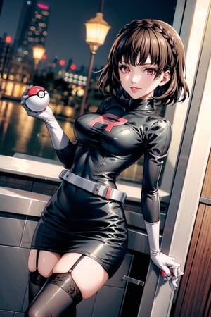 (best quality), (highly detailed), masterpiece, (official art), (dutch angle:1.2),(niijimamakoto, short hair, bangs, brown hair, braid, red eyes, braid,crown braid), red eyes, lips, ( evil smile), lips, poke ball, poke ball (basic), holding poke ball, Grunt Team Rocket, dress, black dress, long sleeves, gloves, elbow gloves, grey belt,pencil skirt, Black thighhighs , looking at viewer, china, asiática, city, night, sky, (intricately detailed, hyperdetailed), blurry background,depth of field, best quality, masterpiece, intricate details, tonemapping, sharp focus, hyper detailed, trending on Artstation,1 girl, high res, official art,niijimamakoto