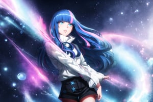 GFX, 1girl, solo, standing, artist name, signature, blurry, no humans, glowing, scenery, light particles, bubble, dark, purple theme,eida,long hair,blue hair,pink hair,multicolored hair,blue eyes,lips,two-tone hair,bangs,blunt bangs, long hair, white sweater, black shorts , Star, Star, posing:1.3