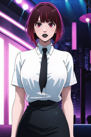 (best quality), (highly detailed), masterpiece, (official art), aakana, short hair,  red eyes, , solo,  lips:1.2, black lips:1.4, lipstick:1.2, skirt, black neckktie, latex:1.2, pencil_skirt, shirt, standing, looking at viewer, white shirt, breasts, black skirt, looking at viewer, (/nightclub scene, neon lights), , club, (nigth club), ,hd quality, perfect face ,realistic, realistic body , perfect face sync,night club,StandingAtAttention,marinette,night club,b1mb0, 