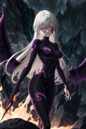 (tattoo,facial mark,aura,glowing,bodypaint,smoke,dark aura:1.2),1girl,long hair,medium breasts,black hair,angry,purple eyes,wings,claws,looking at viewer,nude,censored,armor,convenient censoring,Elizabeth, black hair, lips, ruler of hell, stands as a malevolent dictator, her long hair flowing like darkness itself, gradient from white to dark, framing her cold gaze. Her elaborate gown, adorned with sinister symbols and glowing red accents, reflects her dominance and cruelty. The background features a hellish landscape: rivers of lava, jagged rocks, tormented souls, and dark clouds with lightning. Eerie, red and black glows illuminate the scene, capturing the dark and oppressive atmosphere of her dominion.