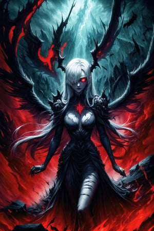 Elizabeth, white hair,hair_over_eye ,lips, ruler of hell, black wings,darkness wings,wings,demon wings,stands as a malevolent dictator, her long hair flowing like darkness itself, gradient from white to dark, framing her cold gaze. Her elaborate gown, adorned with sinister symbols and glowing red accents, reflects her dominance and cruelty. The background features a hellish landscape: rivers of lava, jagged rocks, tormented souls, and dark clouds with lightning. Eerie, red and black glows illuminate the scene, capturing the dark and oppressive atmosphere of her dominion.,shadow