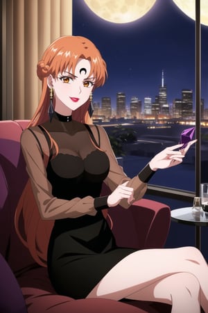 (best quality), (highly detailed), masterpiece, (official art), makeup, ((black moon, forehead mark, crescent facial mark, black crystal earrings)), jewelry, aged up, evil smile, lips, lipstick, asuna yuuki, long hair, orange hair, red hair, brown eyes, looking at viewer,  dress, jewelry, see-through, facial mark, moon,  aged up, forehead mark, crescent facial mark, crystal earrings,  sitting, crossed_legs_(sitting),
Modern luxury lounge with dim lighting, featuring sleek black leather sofas, glass tables, and soft ambient lighting from wall sconces. A large window in the background reveals a city skyline at night, adding a touch of sophistication to the scene,