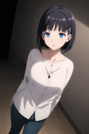 ((best quality)),  masterpiece, dynamic angle, (microchip), suguha, Bob cut, short hair, black hair, hair clip,  Anime illustration, close-up of a woman, standing, completely hypnotized, in a trance. Wearing a casual outfit with a white blouse and blue jeans, eyes wide open with swirling patterns, expression blank and unresponsive, arms hanging limply at her sides. Background is a dark room with a glowing, spiraling hypnotic pattern on a large screen behind her, casting an eerie light. The room is dimly lit with shadows, creating a mysterious and unsettling atmosphere. Subtle fog effects on the floor, adding to the surreal ambiance.,empty eyes