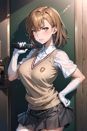 ((best quality)),  ((highly detailed)),  masterpiece,1girl, ((remote_control, aiming_at_viewer, closed_mouth, sparkling_eyes, smug, shaded_face)),(large breasts), tokiwadai school uniform, sweater vest, short sleeves, (](white gloves, elbow gloves)), pleated skirt, white thighhighs ,1girl, lips:1.2, makeup:1.2, ((gyaru)) ,jewelry, blush, earrings, looking at viewer, standing, cowboy shot, red hair, school, short hair, aamikoto ,hmmisaki,hypnoCollar,V-shaped eyebrows, 1girl