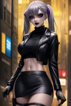 ((best quality)), ((highly detailed)), masterpiece, ((official art)), detailed face, beautiful face, (detailed eyes, deep eyes), seductive posing, (cowboy shot),noelle_silva,silver hair,twintails,bangs,purple eyes,  (sexy:1.3),   (makeup, black lips:1.3),( pale white skin, very white skin, goth, long eyelashes), medium to big breasts, black gloves, black jacket:1.2, black skirt:1.2, black belt ,closed mouth, cowboy shot, ((turtleneck, black crop top)), hoop earrings, fingerless gloves, gloves, highres, black leather jacket, jewelry, , midriff, miniskirt, navel, pencil skirt, skirt, solo, standing, stomach, striped, striped bow, thigh strap, city street, nighttime, intricately detailed, hyperdetailed, blurry background, depth of field, best quality, masterpiece, intricate details, tonemapping, sharp focus, hyper detailed, trending on Artstation, 1 girl, high res, official art