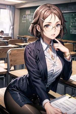 ((best quality)),  ((highly detailed)),  masterpiece,  ((official art)), (ika, brown hair, hairclip, brown eyes, freckles,earrings ,glasses),lips,  figure, ,(office), suit blazer, no shirt underneath,  in a classroom building, bracelet, parted lips,  indoors, intricately detailed, hyperdetailed, blurry background, depth of field, best quality, masterpiece, intricate details, tonemapping, sharp focus, hyper detailed, trending on Artstation, 1 girl, high res, official art,hilda