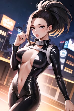 yaoyorozu momo, 1girl, black eyes, black hair, ponytail, long hair, hair pulled back, ,lips, boku no hero academia,  (((black bodysuit, ,latex))), unzipped, skin tight, outdoors, city, night, edge lighting,