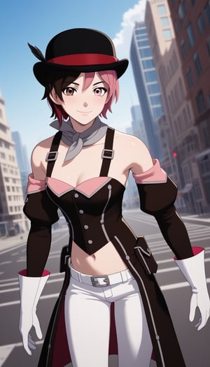 score_9, score_8_up, score_7_up, intricate details, ruby rose, short hair,  brown hair, brown eyes, pink hair, multicolored hair, pink eyes, two-tone hair, heterochromia, split-color hair,, evil smile,,gloves, hat, navel, brown eyes, detached sleeves, midriff, belt, pants, white gloves, black headwear, bowler hat,, cityscape, street, bent over, smile, looking at viewer, solo, cowboy shot, dutch angle