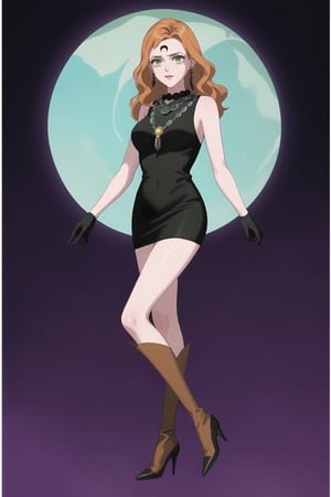 (best quality), (highly detailed), masterpiece, (official art),mimosa vermillion, orange hair, green eyes , makeup, ((black moon, forehead mark, crescent facial mark, black crystal earrings)), jewelry,  black dress, sleeveless dress, short dress, high collar, black gloves, long gloves, black knee-high boots, high heels, large turquoise necklace, gemstone necklace, dangling earrings, gemstone earrings, black choker, 
s, purple background, room