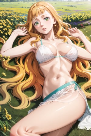 masterpiece, best quality, highres,Sexy, Mimosa Vermillion, dreamy green eyes, earrings, with astounding soft skin and soft pale body, body covered in mimosas flowers, (long brown wavy hair flowing around her until mid-thigs:1.05), sensual look, looking at you, lips, lying on a field of mimosas, fulll body, frontal view, strange fashion Women'sday_theme (Professional illustration)