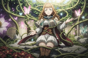 1girl, mimosa_vermillion, orange hair, long wavy hair, green eyes, red earrings, turtleneck sweater, corset, capelet, red cape, thighhighs, thigh boots, sitting on a stone, surrounded by blooming flowers, clear sky, plants growing under her touch, large colorful leaves and vines forming a throne, midday sun, bright natural lighting, smiling softly, magic energy radiating from her hands, petals floating in the air around her, butterflies gathering near her, peaceful nature atmosphere, GFX effects: vibrant floral aura, glowing petals, magic vines glowing softly, lens flare from the sun, energetic magical swirls, gentle wind stirring the flowers, bright and serene, powerful contrast between magic and nature
