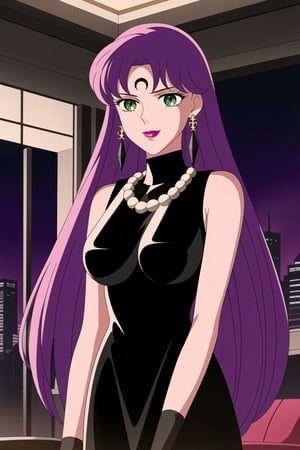 (best quality), (highly detailed), masterpiece, (official art),Saori Kido, long purple hair. bangs, lips, smile, lipstick, makeup,
((Forehead mark, crescent facial mark, black crystal earrings, jewelry)).  Dark  dress, black latex, black sleeveless dress, turtleneck_dress, short dress, elbow gloves, green gloves, thighhighs, large necklace, ((gemstone necklace:1.2)), standing,
Modern luxury lounge with dim lighting, featuring sleek black leather sofas, glass tables, and soft ambient lighting from wall sconces. A large window in the background reveals a city skyline at night, adding a touch of sophistication to the scene