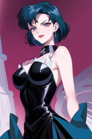 evil smile, red eyes, jewelry,  earrings, makeup, facial mark, lipstick,  forehead mark, crescent facial mark, crystal earrings,crescent, mer1, short hair, blue hair
(best quality), (highly detailed), masterpiece, (official art), A dark and mysterious female character inspired by classic anime style, with a gothic yet elegant appearance.  Her eyes are a striking, deep purple, matching the darker tones in her hair. She has a cold, expressionless face with pale skin and dark, bold lips, giving her a commanding and intimidating presence. She wears a form-fitting, sleeveless, dark blue dress that accentuates her figure. The dress has a high collar and an intricate, layered design with pointed edges at the hem. A series of pearl chains drape gracefully over her shoulders, adding a touch of sophistication and luxury to her outfit. The pearls contrast against the dark tones of her attire, drawing attention to her upper body. Her accessories include dangling pearl earrings that match the chains on her dress, enhancing her overall aristocratic and refined appearance. The background is kept simple to focus on the character, highlighting her gothic elegance and the intricate details of her attire. The overall atmosphere is dark and mysterious, with a sense of power and control emanating from her poised stance.