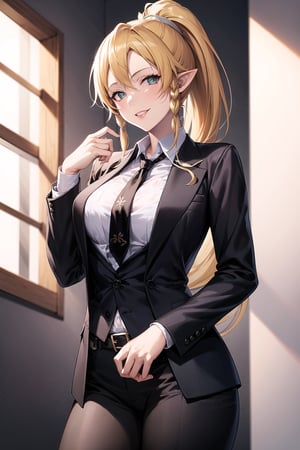 (best quality), (highly detailed), masterpiece, (official art), leafa, pointy ears, long hair, ponytail, braid, blonde hair,, lips, smile, necktie,pose,  black jacket,(black suit), open suit,  open jacket,long sleeves, shirt tucked in,looking at viewer, shirt, black necktie, white shirt, medium breasts,window, formal, office lady,pants, black pants, black belt, business suit, suit,  (intricately detailed, hyperdetailed), blurry background,depth of field, best quality, masterpiece, intricate details, tonemapping, sharp focus, hyper detailed, trending on Artstation,1 girl, solo,high res,official art