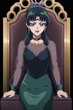 (best quality), (highly detailed), masterpiece, (official art), maomao,1girl,blunt bangs,green hair,blue eyes,sidelocks,twin braids,hair over shoulder,hair beads,half updo,single hair bun,hair ribbon,freckles, forehead mark, crescent facial mark, black crystal earrings, aged up, evil smile, lips, lipstick, posing, anime coloring, black dress, long sleeves, see-through, choker, skirt, black hair, jewelry, medium breasts, earrings, black eyes, makeup, lipstick, forehead mark, purple lips, pearl (gemstone), tomoe hotaru,,  sitting, throne,