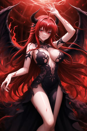 (best quality), (highly detailed), masterpiece, (official art), Rias Gremory as a malevole demon , lips evil smile, with long flowing red hair and a delicate ahoge, darkness black wings spread wide behind her. She is wearing a intricatr, elegant black gown that flows gracefully around her, softly billowing as she floats in the hell. Rias stands with her arms,as if welcoming you with a violento and demonic presence, her red eyes. Rays of dark light shine down from the heavens, illuminating her figure, while she hovers among soft, glowing fire. The hell with red rays breaking through, creating atmosphere. Her wings emit a darkness, ethereal light, adding to her demonic presence.