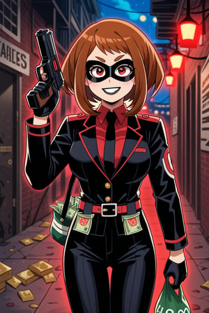 score_9, score_8_up, score_7_up, intricate details,1girl, malicious expression, sadistic grin, villainous attitude,lips, black lips, grin, red eyes, smirk, evil smile,1girl, Ochako Uraraka, black hair with red tips, bank heist, thief outfit, loose black jacket, cargo pants, wearing a domino mask, holding bag of money, holding handgun, gun, handgun, bank robbery, levitating money bags, vault door open, thief outfit, wearing a domino mask, carrying a large money bag, exiting a bank vault, broken safe in the background, dark gloves, quick getaway, alarm lights flashing, dimly lit scene, red emergency lighting, cautious posture, money spilling from bag, night-time heist, dark alley, tense atmosphere,(ncursioDipDyedHair,red IncursioDipDyedHair