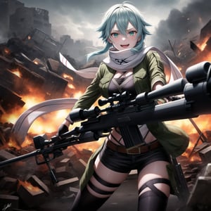 Highly detailed anime illustration of Sinon in the midst of a desolate battlefield, her blue hair whipping in the wind as she fires her sniper rifle with deadly precision. Her sharp aqua eyes, partially obscured by strands of hair, gleam with a twisted joy, and a sadistic smile spreads across her face, reflecting her dark pleasure in the chaos of combat.

sinon1 is dressed in her signature combat outfit: a green cropped jacket open at the front, revealing a white scarf that flutters as she moves. Her black shorts and fingerless gloves are practical for the fight, while her sniper rifle is held firmly, aimed with unwavering focus. The rifle's muzzle flashes brightly, illuminating the battlefield in sharp, cold light.

The surrounding environment is bleak and war-torn, with crumbling structures and a cloudy, dark sky overhead, adding to the tension and intensity of the scene. The ground is littered with debris, evidence of the ongoing conflict. Shadows and light play across her form, emphasizing her role as a hunter in this grim setting.

Despite the devastation around her, Sinon’s sadistic smile and the gleam in her eyes make it clear she relishes the battle, her laughter echoing amidst the destruction. Every shot she takes is precise, her enjoyment of the fight apparent in every detail of her expression and posture.

Key Details:

The sniper rifle is depicted in high detail, with visible muzzle flash and recoil captured mid-shot.
Sinon's expression is the focal point, her sadistic smile and bright, crazed eyes adding a layer of psychological depth.
The battlefield is grim, with dark, moody lighting that contrasts with the bright flashes of gunfire.
Her pose is dynamic, with the rifle held steady as she fires, her body language exuding confidence and delight in the violence.
The overall atmosphere is dark and intense, highlighting Sinon's enjoyment of the chaos and her role as a formidable sniper in the heat of battle.