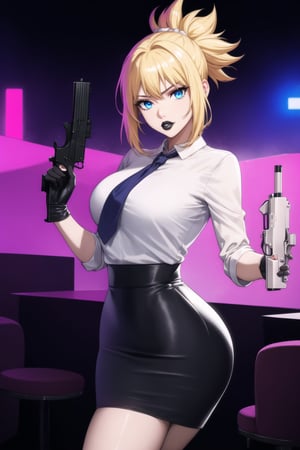 (best quality), (highly detailed), masterpiece, (official art),  kohaku, blonde hair, blue eyes, hair ornament, ponytail, solo,  lips:1.2, black lips:1.4, lipstick:1.2, skirt, black neckktie, latex:1.2, gloves, pencil_skirt, shirt, black gloves, standing, looking at viewer, white shirt, breasts, black skirt, looking at viewer, (/nightclub scene, neon lights), , club, (nigth club), ,hd quality, perfect face ,realistic, realistic body , perfect face sync,night club,StandingAtAttention,marinette,night club,b1mb0, gun, weapon, holding gun, handgun, holding, pistol, gun, handgun, pistol, holding weapon,  trigger discipline,