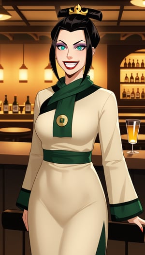 score_9, score_8_up, score_7_up, intricate details,1girl,  closed mouth, lips, long dress, green scarf, beige dress, joo dee,  teeth, smile, grin, makeup, lipstick, meme, wide-eyed, hair ornament:1.3, holding tray:1.2, tray, alcohol, dutch angle, bar, cowboy shot:1.2, bar, table, customers, azula, black hair,makeup, lipstick, eyeshadow, hair ornament