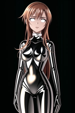 (best quality), (highly detailed), masterpiece, (official art), makeup, 1girl, solo,(asuna yuuki, orange hair, red hair, long hair), closed mouth,(graybot:1.2), black bodysuit, (shiny body:1.2), (shiny clothes),latex bodysuit, large breast, looking at viewer,  ,graybot,(whiteeyes),((black background, simple background)),StandingAtAttention,,,,<lora:659111690174031528:1.0>