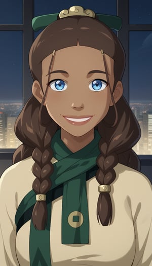 score_9, score_8_up, score_7_up, intricate details,1girl, long dress, green scarf, beige dress, joo dee, hair ornament, standing, 1girl, solo, smile, long hair, blue eyes, brown hair,  braid,  dark skin, dark-skinned female, Modern luxury lounge with dim lighting, featuring sleek black leather sofas, glass tables, and soft ambient lighting from wall sconces. A large window in the background reveals a city skyline at night, adding a touch of sophistication to the scene,