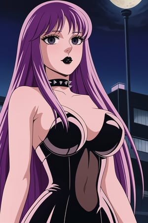 ((best quality)),  ((highly detailed)),  masterpiece,  ((official art)),(Saori Kido, Saori, long hair, purple hair),((black eyes, empty eyes,expressionless,hypnosis)),(((white skin))) ,((makeup,lipstick, black lips:1.2)),absurdres, (spiked collar:1.2), coyboy shot, lips,  blush,  (black latex:1.3),  black dress:1.2,  miniskirt  ((bodyconf)),  bare shoulders,  ((tube top, navel, strapless)),  large breast,  looking at viewer,  street,  city,  nigth,  moon,  club,  (nigth club),  , hd quality,  perfect face , realistic,  realistic body,  perfect face sync,  , b1mb0,,,black lips,